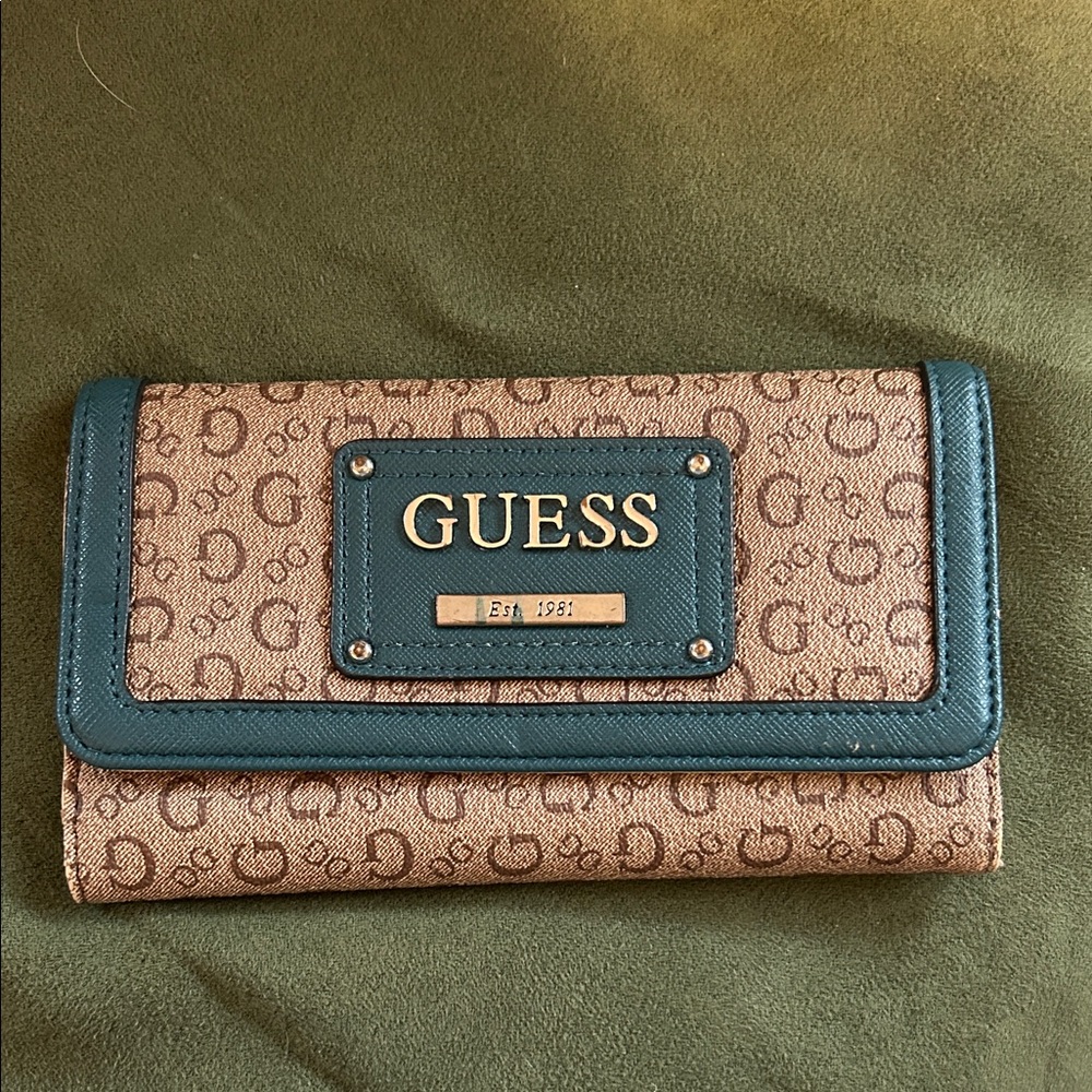 Guess Brown Monogram Wallet with Teal Accent